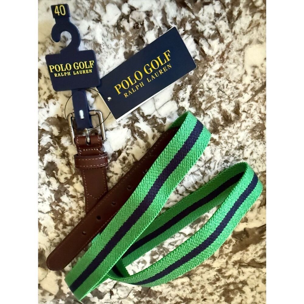 Polo Golf Ralph Lauren Men’s Belt Size 40 Green Navy Woven Stretch Leather Trim